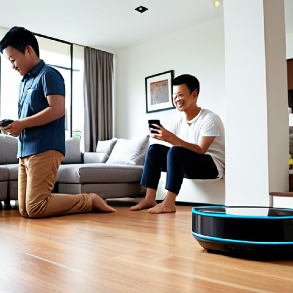 **Prompt 1: Seamless Smart Living in Malaysia**
    A bright, inviting modern Malaysian home, filled with natural light. Diverse Malaysian family members (parents, children) are seen interacting effortlessly with smart devices. A sleek robotic vacuum autonomously cleans the living room. Someone is comfortably giving voice commands to a smart speaker to control lighting or play music. Another person is looking at a smartphone displaying an AI-powered navigation app with real-time traffic updates. The scene should convey convenience, comfort, and the seamless integration of smart home technology into daily life, with subtle elements of Malaysian interior design.