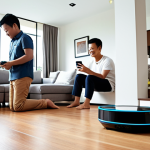 **Prompt 1: Seamless Smart Living in Malaysia**
    A bright, inviting modern Malaysian home, filled with natural light. Diverse Malaysian family members (parents, children) are seen interacting effortlessly with smart devices. A sleek robotic vacuum autonomously cleans the living room. Someone is comfortably giving voice commands to a smart speaker to control lighting or play music. Another person is looking at a smartphone displaying an AI-powered navigation app with real-time traffic updates. The scene should convey convenience, comfort, and the seamless integration of smart home technology into daily life, with subtle elements of Malaysian interior design.