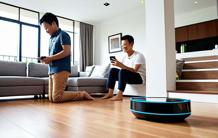 **Prompt 1: Seamless Smart Living in Malaysia**
    A bright, inviting modern Malaysian home, filled with natural light. Diverse Malaysian family members (parents, children) are seen interacting effortlessly with smart devices. A sleek robotic vacuum autonomously cleans the living room. Someone is comfortably giving voice commands to a smart speaker to control lighting or play music. Another person is looking at a smartphone displaying an AI-powered navigation app with real-time traffic updates. The scene should convey convenience, comfort, and the seamless integration of smart home technology into daily life, with subtle elements of Malaysian interior design.