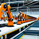 Robotics in Industry - Safe and Efficient**

A modern Malaysian factory floor, brightly lit, featuring a fully clothed engineer in a safety vest overseeing collaborative robots (cobots) assembling car parts. The robots are orange and white, working seamlessly alongside human workers. Focus on smooth, clean lines, and advanced technology.  Include safety signage in Bahasa Malaysia.  Perfect anatomy, correct proportions, professional industrial photography, high quality, fully clothed, safe for work, appropriate content, professional.

**