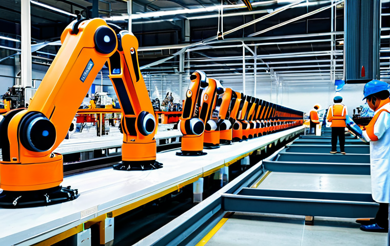 Robotics in Industry - Safe and Efficient**

A modern Malaysian factory floor, brightly lit, featuring a fully clothed engineer in a safety vest overseeing collaborative robots (cobots) assembling car parts. The robots are orange and white, working seamlessly alongside human workers. Focus on smooth, clean lines, and advanced technology.  Include safety signage in Bahasa Malaysia.  Perfect anatomy, correct proportions, professional industrial photography, high quality, fully clothed, safe for work, appropriate content, professional.

**
