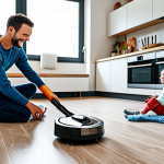 Robots in Daily Life**

"A modern, clean kitchen with a robotic vacuum cleaner autonomously cleaning the floor, fully clothed family members smiling and relaxing in the background, modest clothing, safe for work, appropriate content, professional domestic scene, perfect anatomy, natural proportions, well-formed hands, proper finger count, family-friendly environment."

**