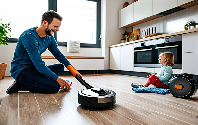 Robots in Daily Life**

"A modern, clean kitchen with a robotic vacuum cleaner autonomously cleaning the floor, fully clothed family members smiling and relaxing in the background, modest clothing, safe for work, appropriate content, professional domestic scene, perfect anatomy, natural proportions, well-formed hands, proper finger count, family-friendly environment."

**